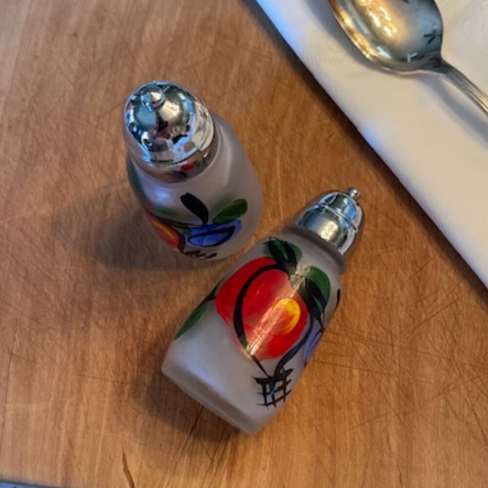 Colorful Vintage Frosted Glass Salt and Pepper Shakers with Fruit - Picture 2 of 10